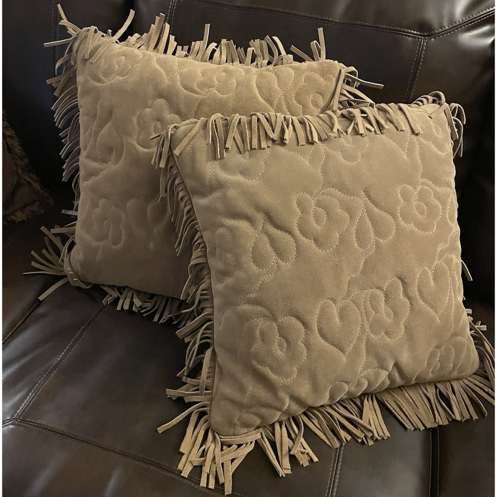 Designer Suede Throw Pillow Set / 2 Fringe Embroidered 18" x 18" Beige Down Fill